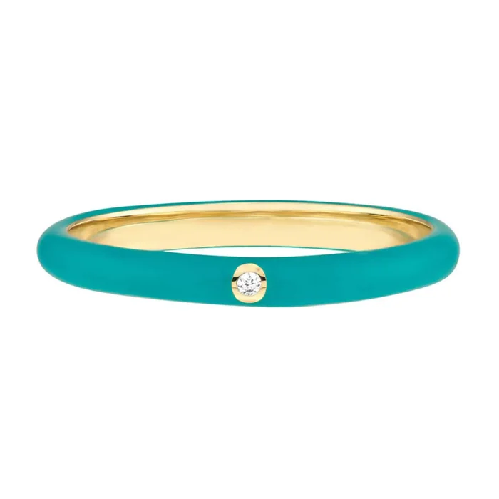 0.02CT Real Diamond 14K Real Gold Yellow Teal Enamel Band Ring