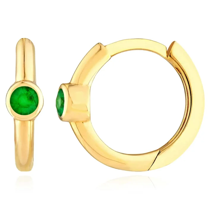 0.10CTW Real Emerald 14K Real Gold Single Bezel-Set Hoop Earrings 9mm