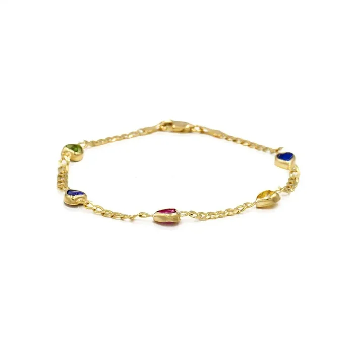 10K Curb Link with Multiple Color Hearts Bracelet