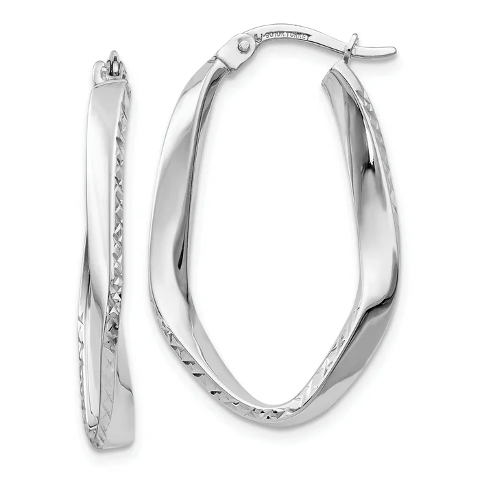 10K White Gold Polished And D/C Oval Hoop Earrings