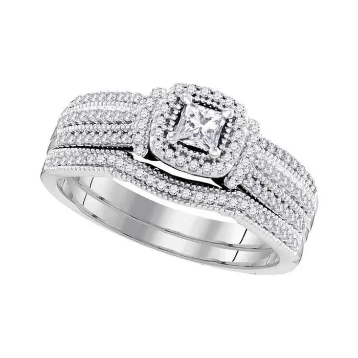10k White Gold Princess Diamond Bridal Wedding Engagement Ring Band Set 1/2 Cttw