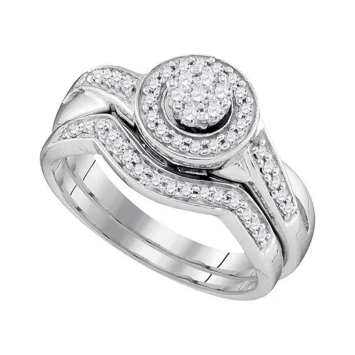 10k White Gold Round Diamond Cluster Bridal Wedding Ring Band Set 1/3 Cttw