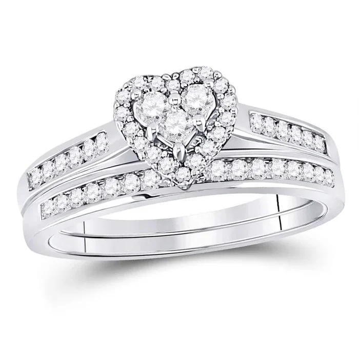 10kt White Gold Diamond Heart Bridal Wedding Ring Band Set 1/2 Cttw