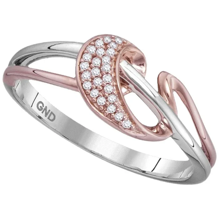 10kt White Rose-tone Gold Womens Round Diamond Stripe Ribbon Band Ring 1/20 Cttw