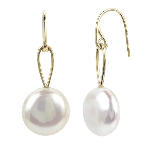 11-12mm Coin Pearl Drop Earrings in 14k Yellow Gold