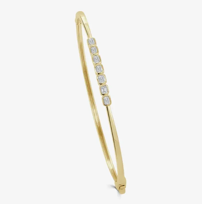 14k Gold Bezel Emerald Cut Diamond Bangle Bracelet
