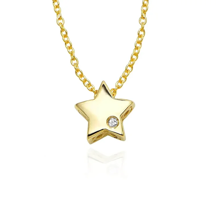 14K Gold Yellow .05Ct Real Diamond 6.5mm Star Charm Necklace 18″