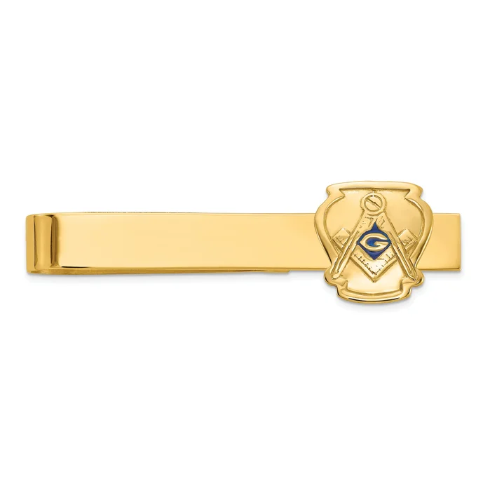 14k Men’s Polished and Textured with Blue Enamel Masonic Medium Tie Bar