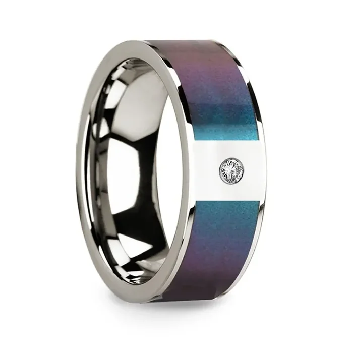14k Polished White Gold Wedding Ring with Blue & Purple Color Changing Inlay & Diamond – 8mm