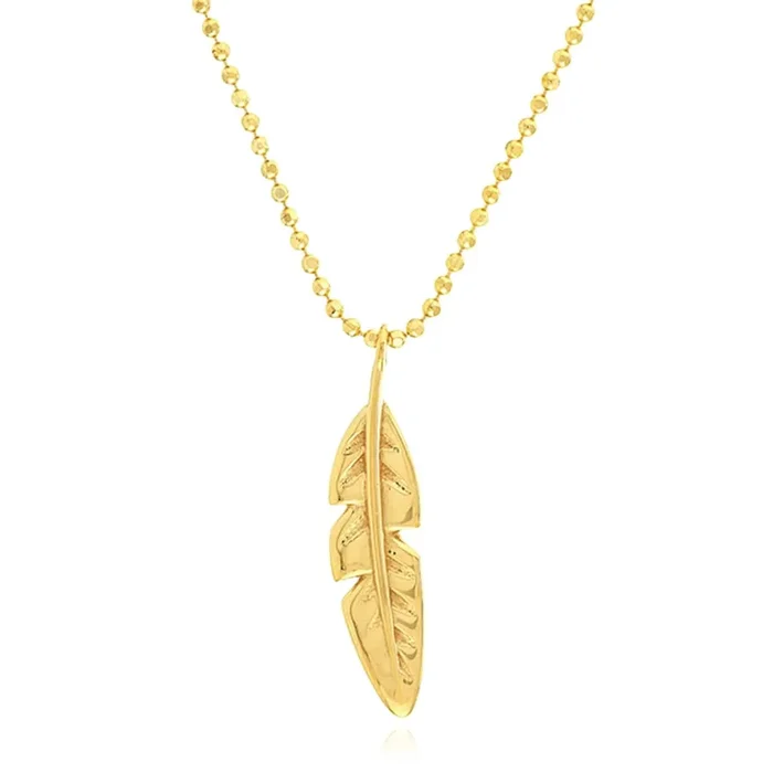 14K Real Gold Feather Pendant Bead Chain Necklace 16″-18″ Adjustable