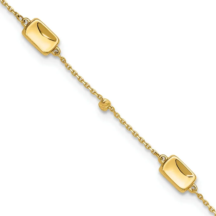 14K Rectangle and Diamond-cut Bead 9 inch Plus 1 inch Extender – Total 10 inch Anklet
