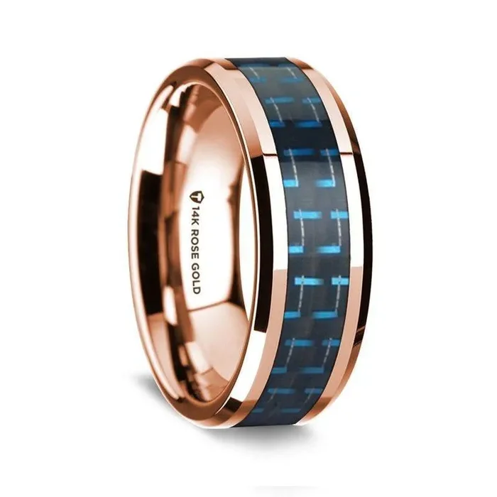 14k Rose Gold Polished Beveled Edges Wedding Ring with Black and Blue Carbon Fiber Inlay – 8mm
