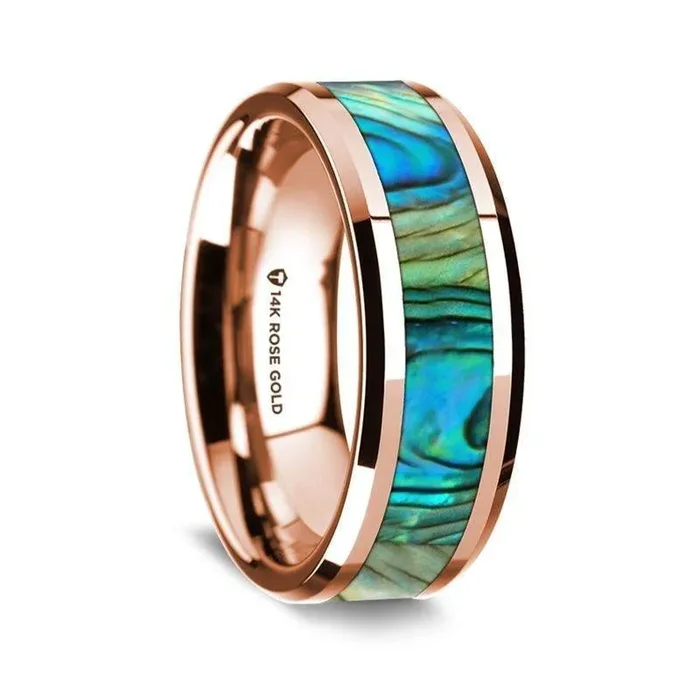 14K Rose Gold Polished Beveled Edges Wedding Ring with Mother of Pearl Inlay – 8 mm