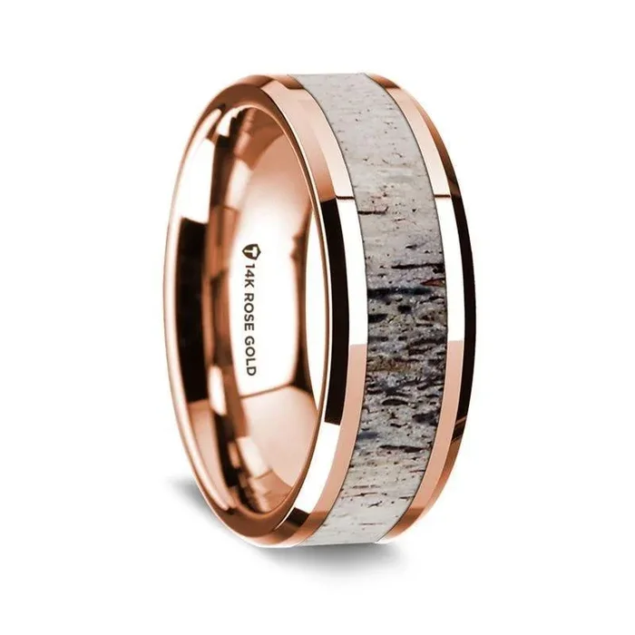 14K Rose Gold Polished Beveled Edges Wedding Ring with Ombre Deer Antler Inlay – 8 mm