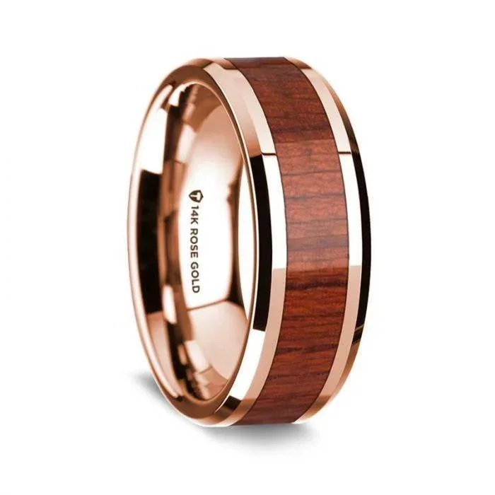 14K Rose Gold Polished Beveled Edges Wedding Ring with Padauk Inlay – 8 mm