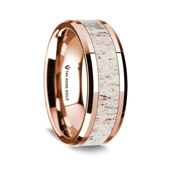 14K Rose Gold Polished Beveled Edges Wedding Ring with White Deer Antler Inlay – 8 mm