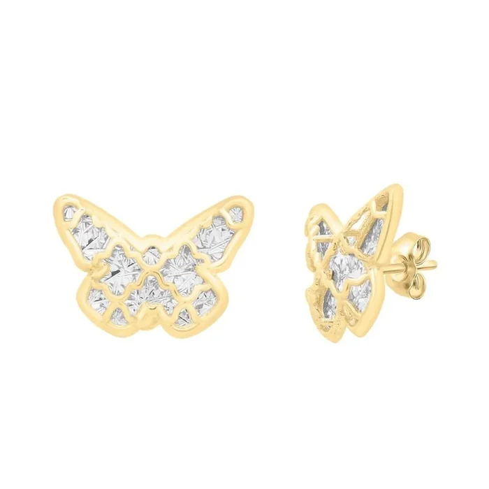 14k Two-tone Gold Diamond Cut Finish Checkered Butterfly Stud Earrings with Push Back Clasp