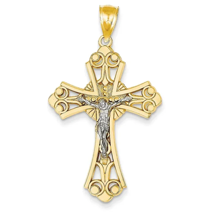 14k Two-tone Gold Sunburst Center Budded Crucifix Pendant