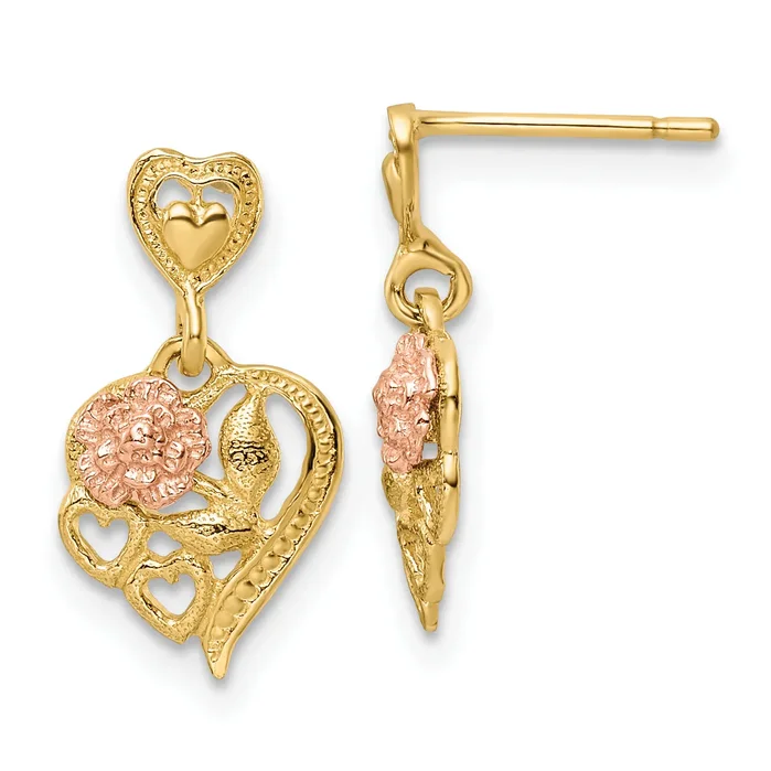 14K Two-Tone Heart W/Flower Post Dangle Earrings