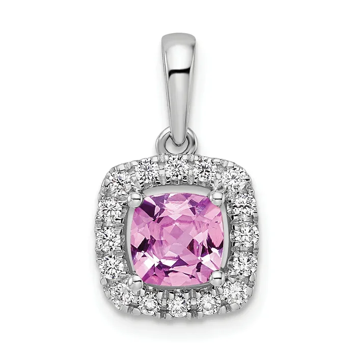 14k White Gold 1/4 Ct. Lab Grown Diamond VS/SI+ G+ October Birthstone Lab Created Pink Sapphire Halo Pendant
