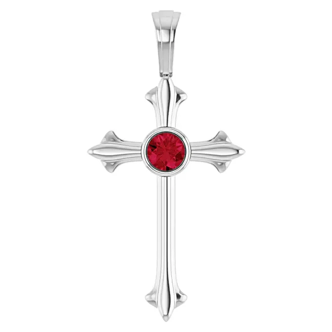 14K White Gold 3mm Natural Ruby Cross Pendant July Birthstone