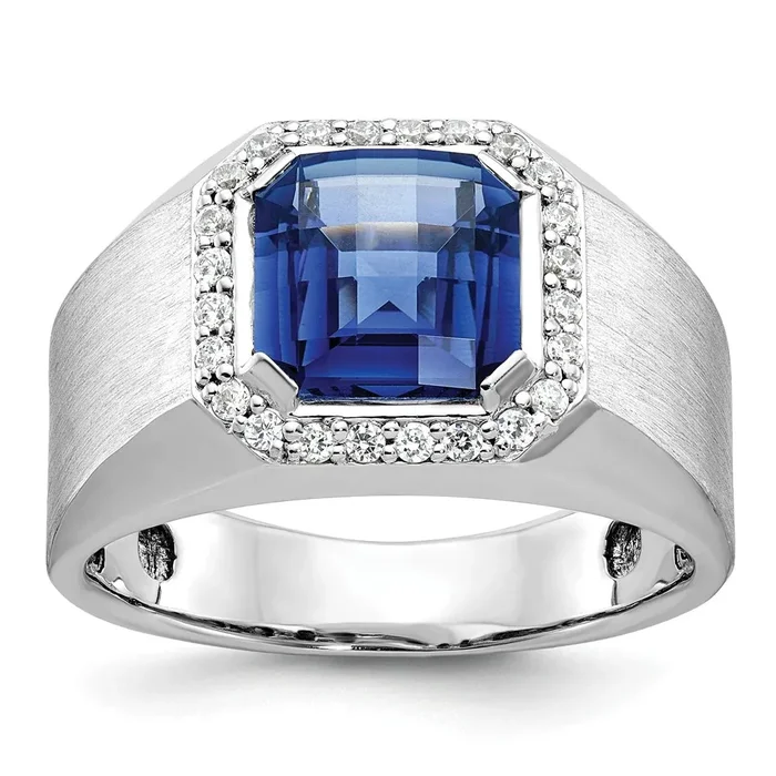 14k White Gold Men’s Created Sapphire and 1/3 carat Diamond Complete Ring