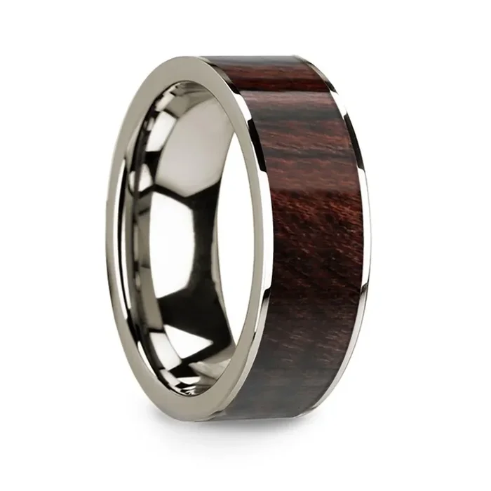 14k White Gold Men’s Flat Wedding Ring with Bubinga Wood Inlay – 8mm