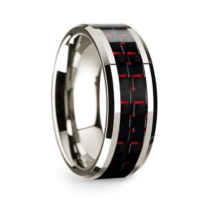 14k White Gold Polished Beveled Edges Wedding Ring with Black and Red Carbon Fiber Inlay – 8 mm