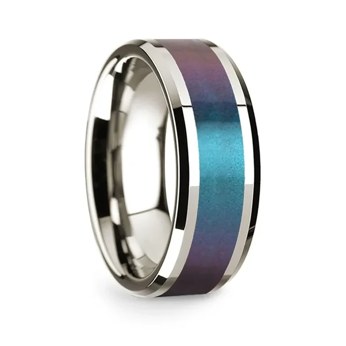 14k White Gold Polished Beveled Edges Wedding Ring with Blue and Purple Color Changing Inlay – 8 mm