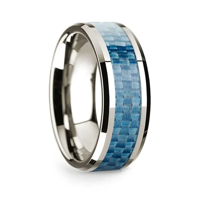 14k White Gold Polished Beveled Edges Wedding Ring with Blue Carbon Fiber Inlay – 8 mm