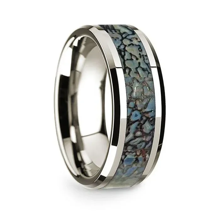 14k White Gold Polished Beveled Edges Wedding Ring with Blue Dinosaur Inlay – 8 mm