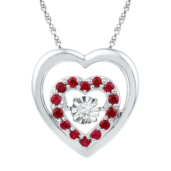 14k White Gold Round Created Ruby Moving Twinkle Heart Pendant 1/2 Cttw
