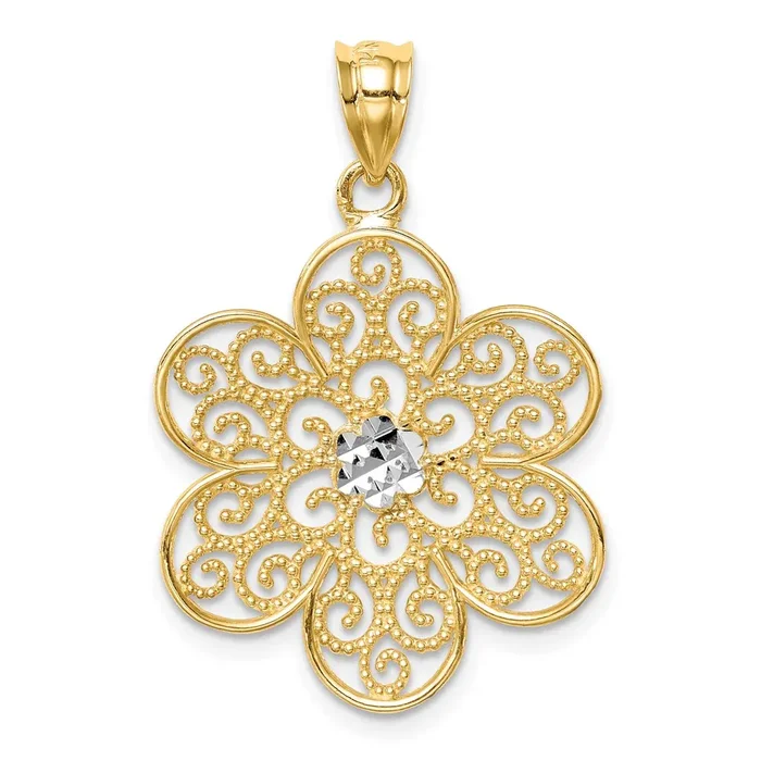 14k Yellow & Rhodium Gold and White Rhodium Polished & Diamond-cut Flower Pendant