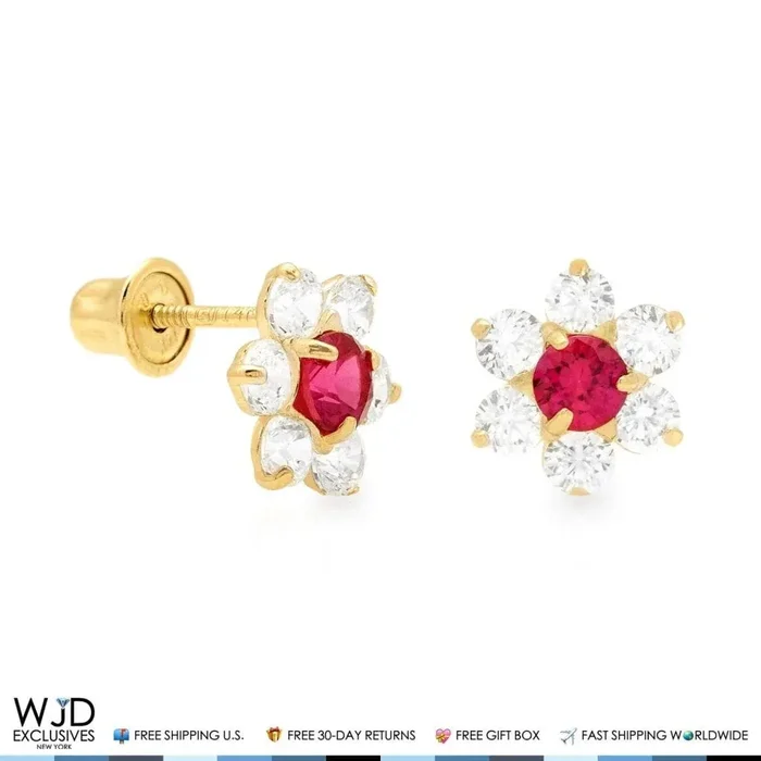 14k Yellow Gold 0.70Ct CZ & Birthstones Flower Stud Earrings 8mm