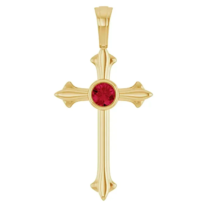 14K Yellow Gold 3mm Synthetic Ruby Cross Pendant July Birthstone