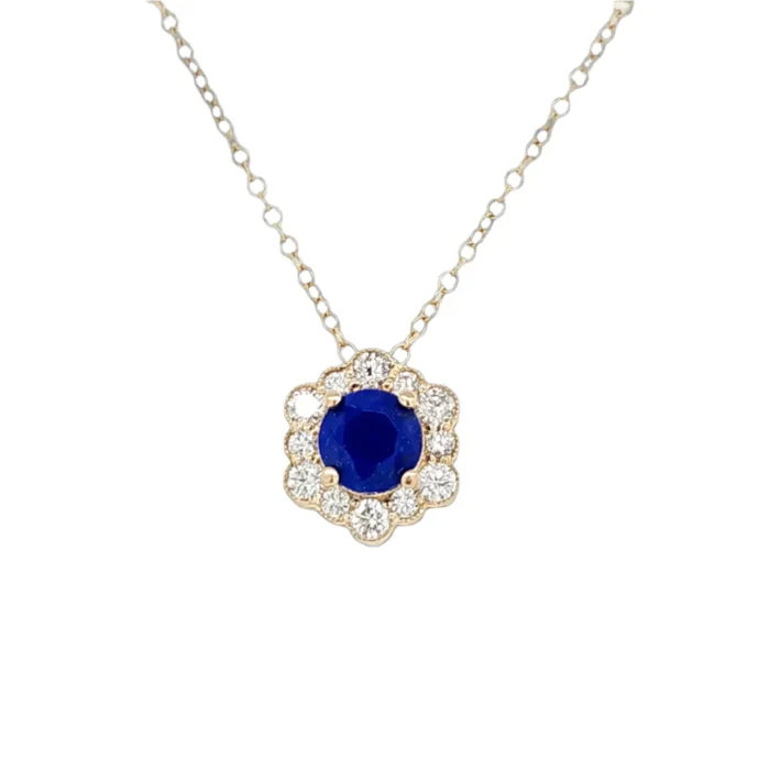 14k Yellow Gold 6mm Faceted Lapis & Diamond Halo Necklace (I8358)