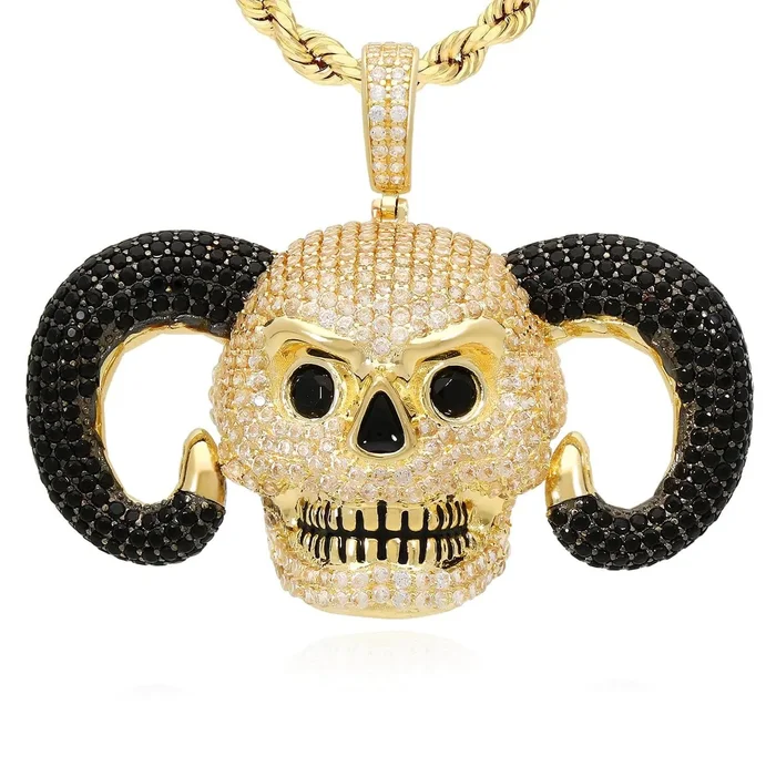 14K Yellow Gold CZ Pave Horned Ram Skull Charm Pendant 1.7″