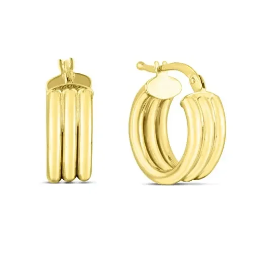 14k Yellow Gold Polished 3-Row Round Hoop Earrings 12x5mm with Hinged Clasp Minimalist Jewelry for Women