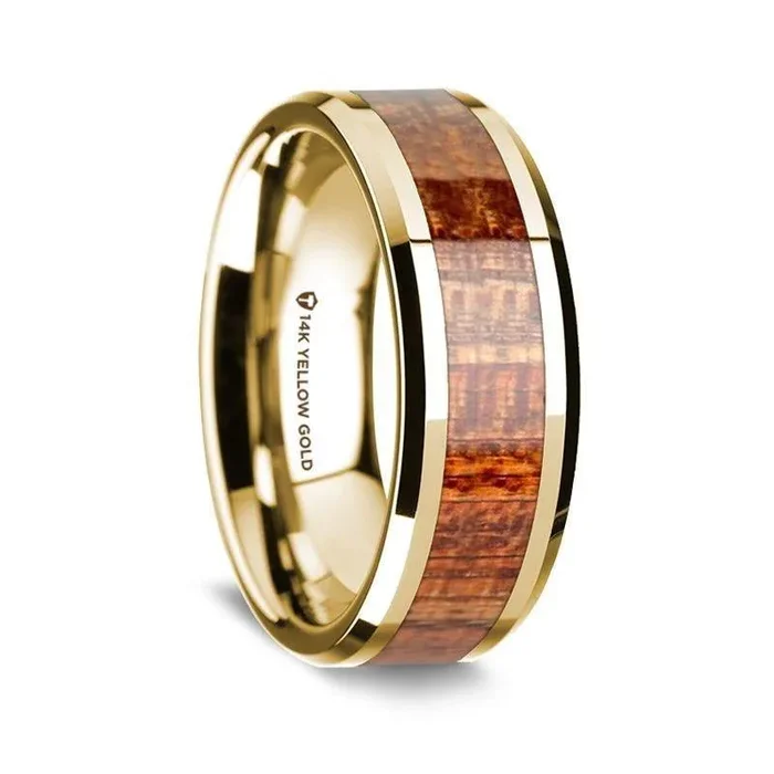 14K Yellow Gold Polished Beveled Edges Men’s Wedding Band with Mahogany Wood Inlay – 8 mm