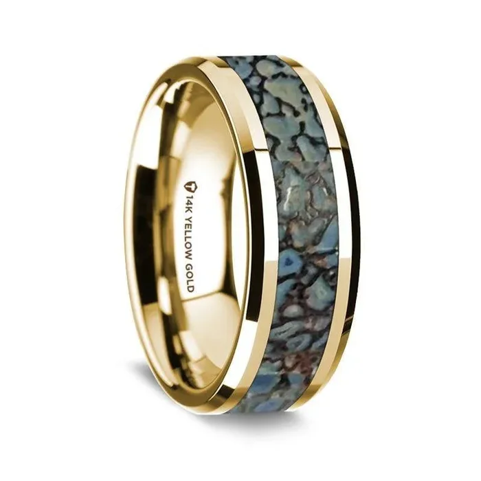 14K Yellow Gold Polished Beveled Edges Wedding Ring with Blue Dinosaur Bone Inlay – 8 mm