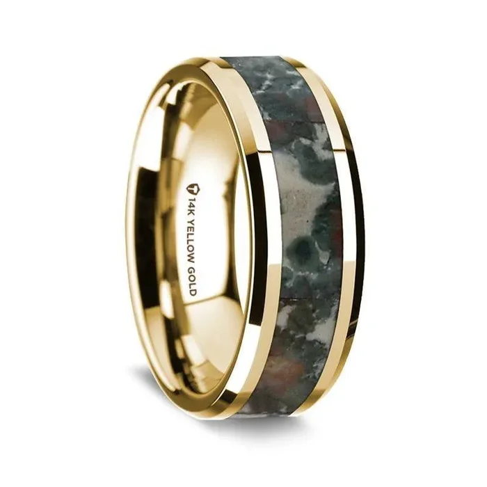 14K Yellow Gold Polished Beveled Edges Wedding Ring with Coprolite Inlay – 8 mm