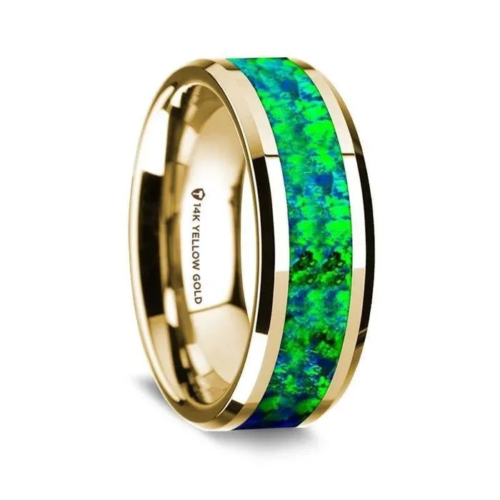 14K Yellow Gold Polished Beveled Edges Wedding Ring with Emerald Green and Sapphire Blue Opal Inlay – 8 mm