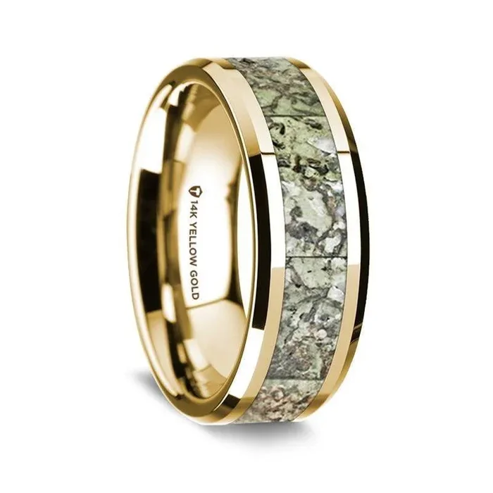14K Yellow Gold Polished Beveled Edges Wedding Ring with Green Dinosaur Bone Inlay – 8 mm