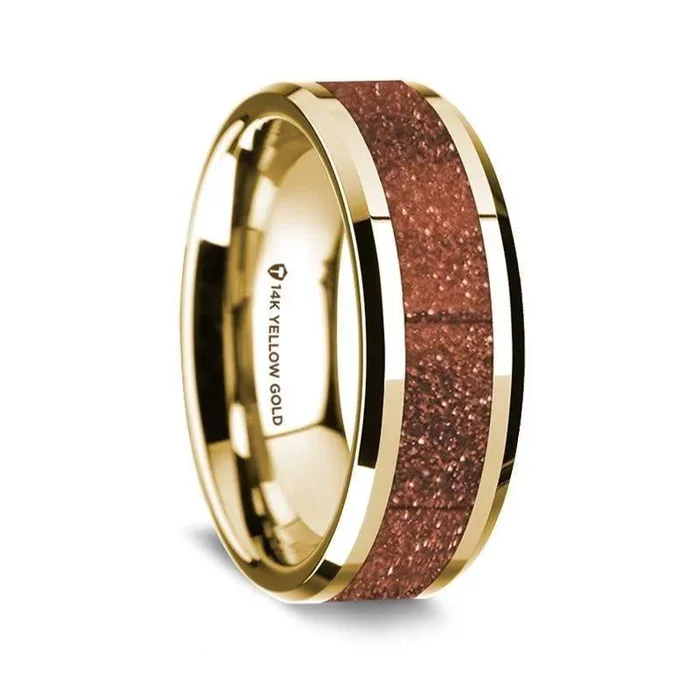 14K Yellow Gold Polished Beveled Edges Wedding Ring with Orange Goldstone Inlay – 8 mm