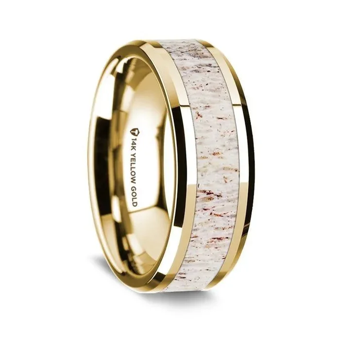 14K Yellow Gold Polished Beveled Edges Wedding Ring with White Deer Antler Inlay – 8 mm