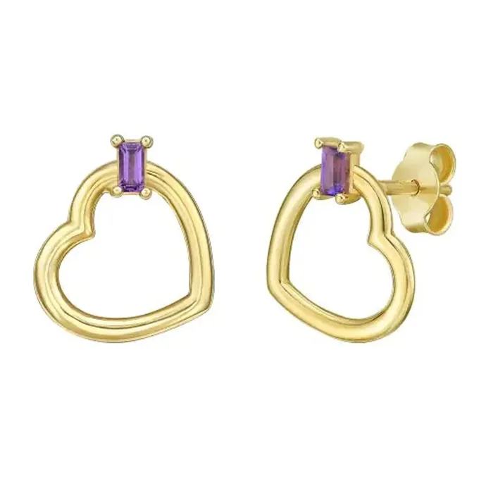 14k Yellow Gold Polished Finish 10.4mm x 12.8mm Amethyst Baguette Gemstone Heart Stud Earrings with Push Back Clasp