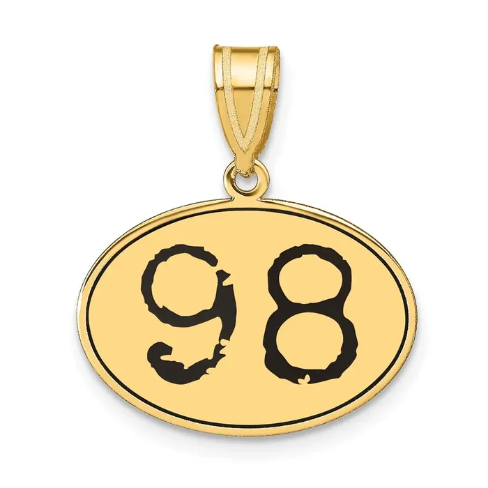 14k Yellow Gold Polished Number 98 Black Enamel Oval Pendant