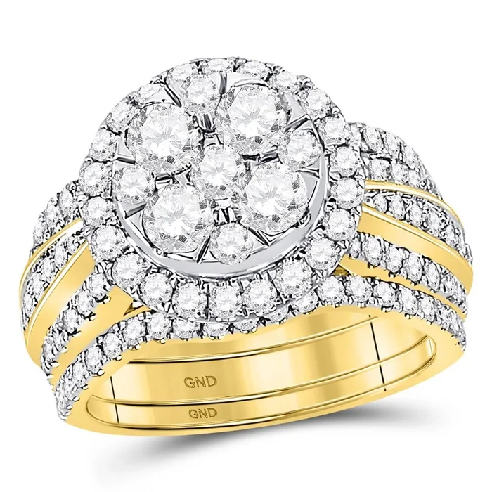 14k Yellow Gold Round Diamond 3-Piece Bridal Wedding Ring Set 2-1/2 Cttw