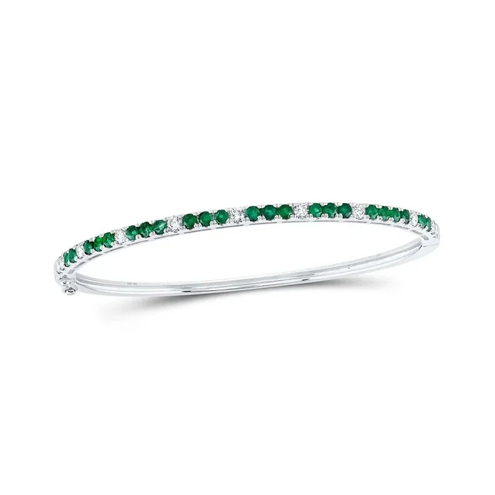 14kt White Gold Womens Round Emerald Diamond Bangle Bracelet 2 Cttw