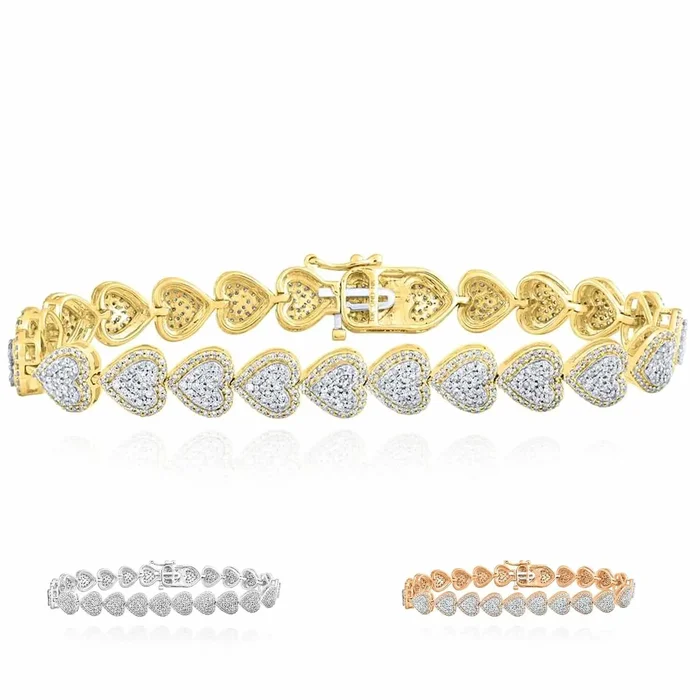2.65CTW Real Diamond 10K Gold Yellow White Rose Heart Tennis Bracelet 7″